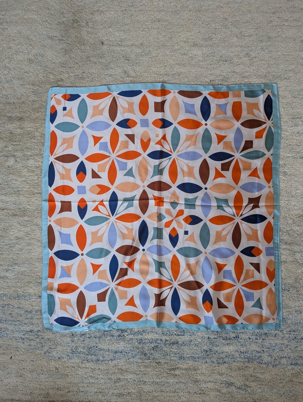 Decorative Geometric Square Scarf in Orange, Blue, Teal and Brown 27"- Silk Feel